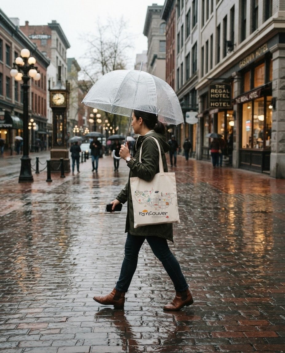 Raincouver tote on a rainy Gastown street